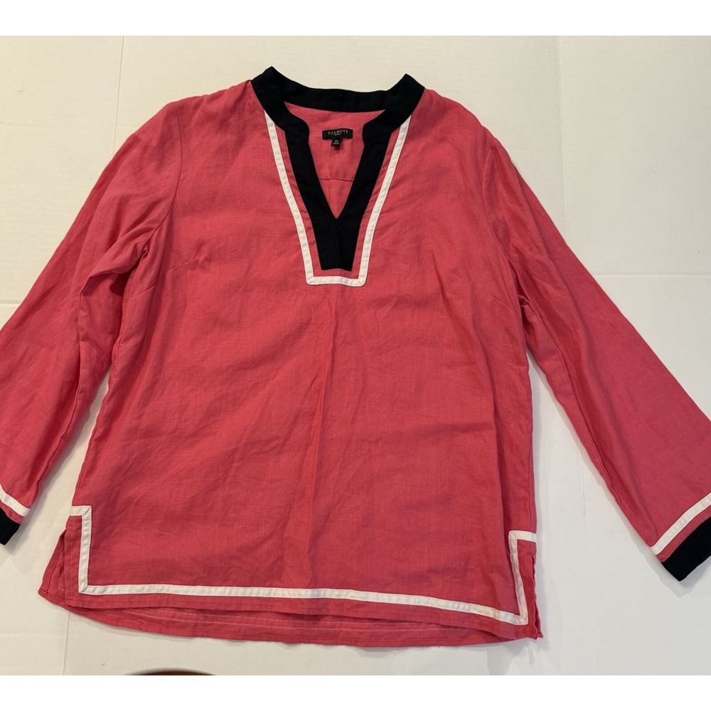 Talbots 100% Linen Nautical Popover Tunic Top Pink Blue White Women Sz Medium P